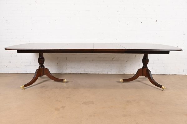 Baker Furniture Style Georgian Banded Mahogany Double Pedestal Extension Dining Table, Newly Refinished - Image 2