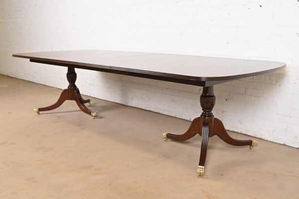Baker Furniture Style Georgian Banded Mahogany Double Pedestal Extension Dining Table, Newly Refinished - Image 4