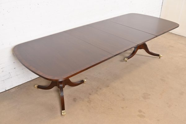 Baker Furniture Style Georgian Banded Mahogany Double Pedestal Extension Dining Table, Newly Refinished - Image 3