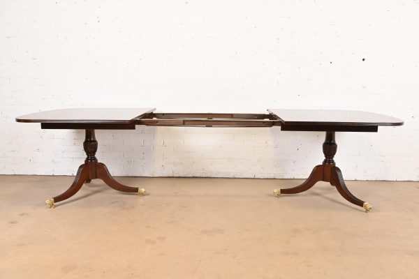 Baker Furniture Style Georgian Banded Mahogany Double Pedestal Extension Dining Table, Newly Refinished - Image 6