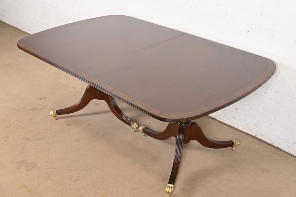 Baker Furniture Style Georgian Banded Mahogany Double Pedestal Extension Dining Table, Newly Refinished - Image 8