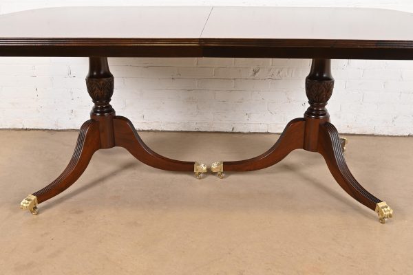 Baker Furniture Style Georgian Banded Mahogany Double Pedestal Extension Dining Table, Newly Refinished - Image 10