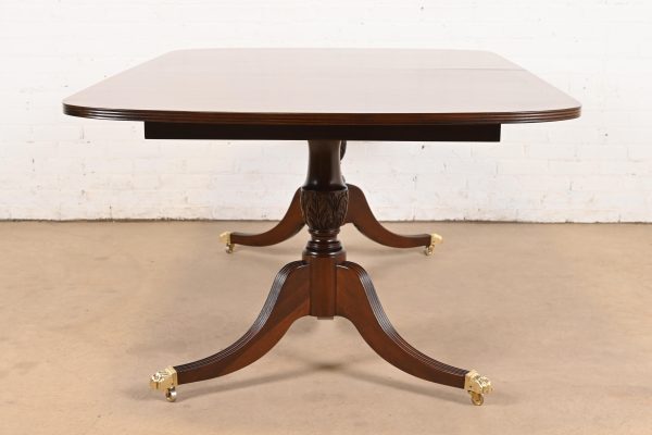 Baker Furniture Style Georgian Banded Mahogany Double Pedestal Extension Dining Table, Newly Refinished - Image 11