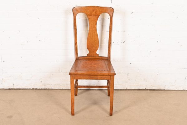 Antique Arts & Crafts Carved Oak and Leather Dining Chair, Circa 1900 - Image 2