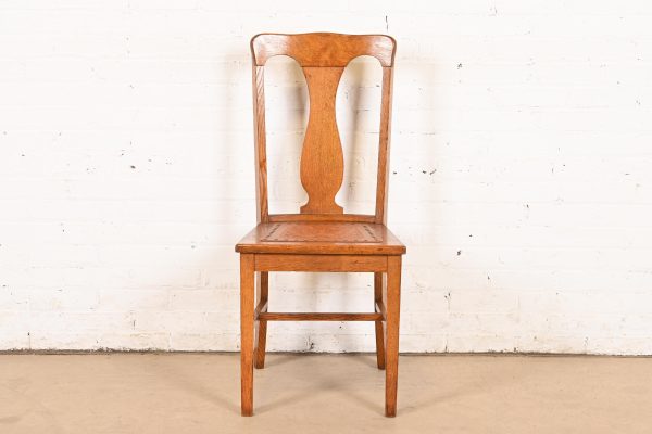 Antique Arts & Crafts Carved Oak and Leather Dining Chair, Circa 1900 - Image 3