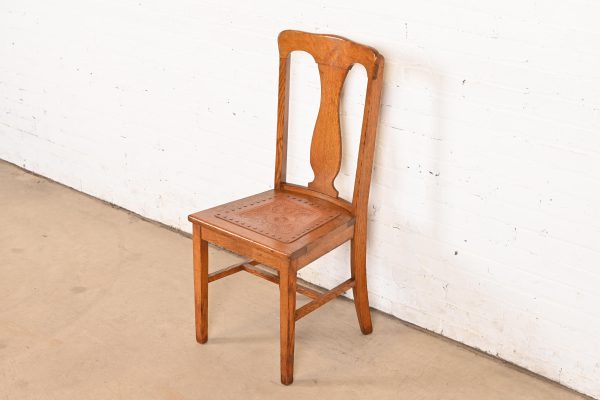 Antique Arts & Crafts Carved Oak and Leather Dining Chair, Circa 1900 - Image 4
