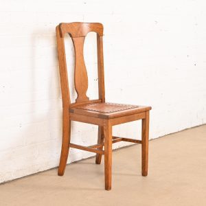 Antique Arts & Crafts Carved Oak and Leather Dining Chair, Circa 1900