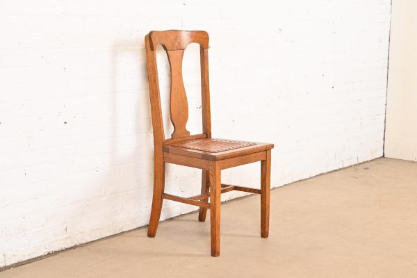 Antique Arts & Crafts Carved Oak and Leather Dining Chair, Circa 1900