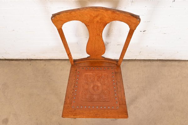 Antique Arts & Crafts Carved Oak and Leather Dining Chair, Circa 1900 - Image 5