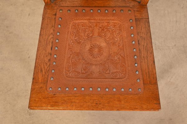 Antique Arts & Crafts Carved Oak and Leather Dining Chair, Circa 1900 - Image 7