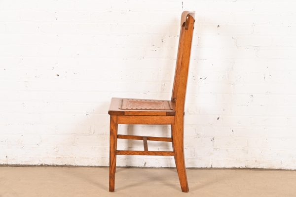 Antique Arts & Crafts Carved Oak and Leather Dining Chair, Circa 1900 - Image 9
