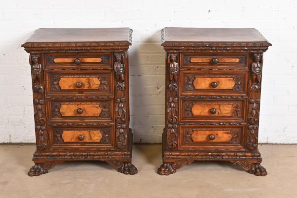 Antique Italian Renaissance Revival Carved Walnut and Burl Wood Bedside Chests, Circa 1900 - Image 2