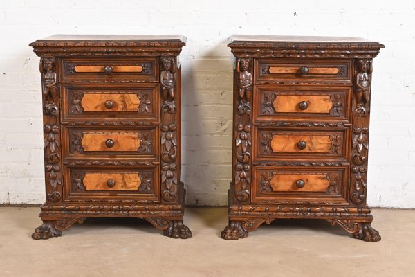 Antique Italian Renaissance Revival Carved Walnut and Burl Wood Bedside Chests, Circa 1900