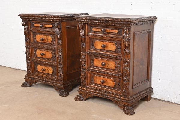 Antique Italian Renaissance Revival Carved Walnut and Burl Wood Bedside Chests, Circa 1900 - Image 3