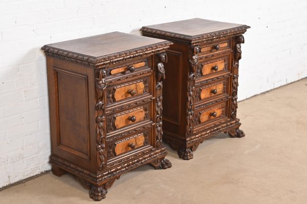 Antique Italian Renaissance Revival Carved Walnut and Burl Wood Bedside Chests, Circa 1900 - Image 4