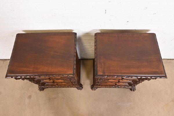 Antique Italian Renaissance Revival Carved Walnut and Burl Wood Bedside Chests, Circa 1900 - Image 9