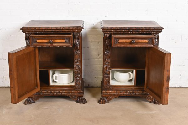 Antique Italian Renaissance Revival Carved Walnut and Burl Wood Bedside Chests, Circa 1900 - Image 5