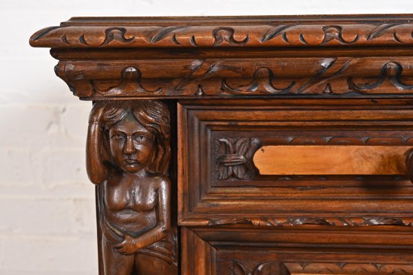 Antique Italian Renaissance Revival Carved Walnut and Burl Wood Bedside Chests, Circa 1900 - Image 7