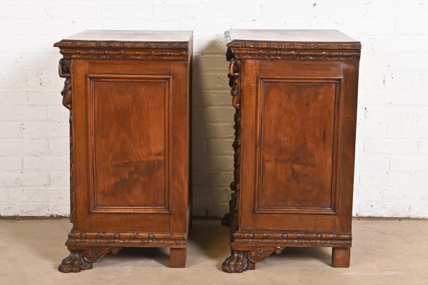 Antique Italian Renaissance Revival Carved Walnut and Burl Wood Bedside Chests, Circa 1900 - Image 10