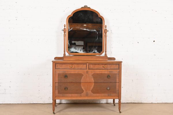 Phoenix Furniture Antique French Regency Louis XVI Burled Walnut Vanity Dresser With Mirror, Circa 1900