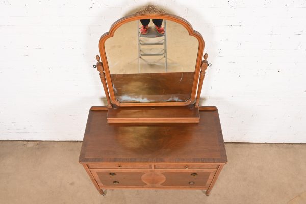 Phoenix Furniture Antique French Regency Louis XVI Burled Walnut Vanity Dresser With Mirror, Circa 1900 - Image 9
