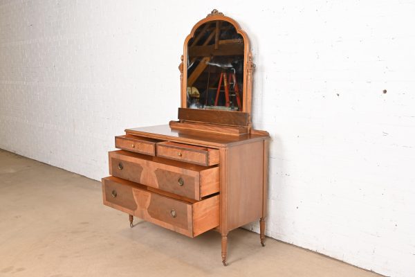 Phoenix Furniture Antique French Regency Louis XVI Burled Walnut Vanity Dresser With Mirror, Circa 1900 - Image 4