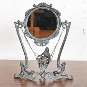 Art Nouveau Bronze Table Vanity Mirror With Lady on Swing, Circa 1910