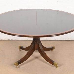 Baker Furniture Style Georgian Banded Mahogany Pedestal Extension Dining Table
