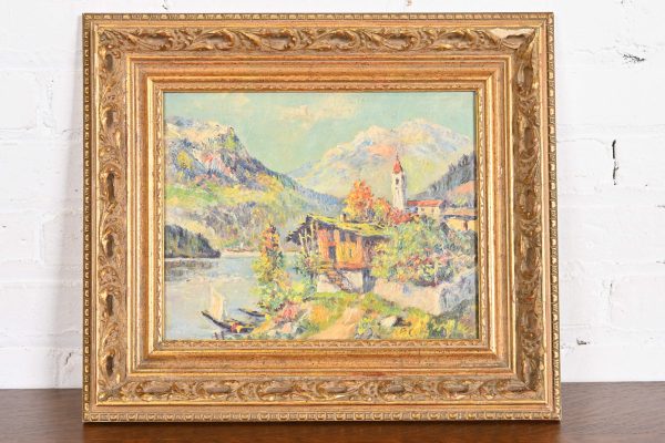 Original Signed Lakeside Mountain Landscape Oil Painting in Carved Giltwood Frame, 1960