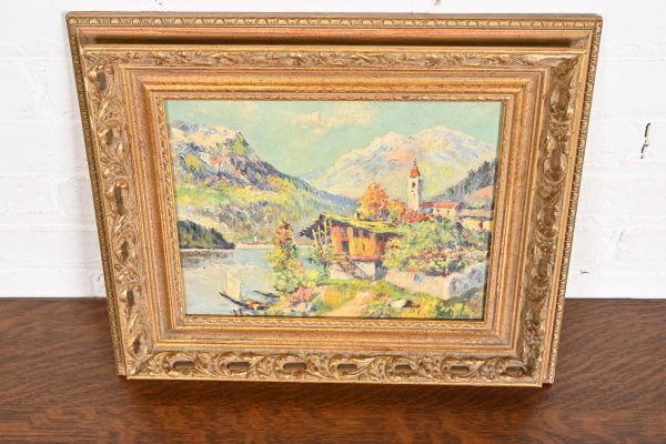 Original Signed Lakeside Mountain Landscape Oil Painting in Carved Giltwood Frame, 1960 - Image 2