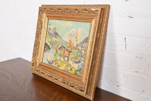 Original Signed Lakeside Mountain Landscape Oil Painting in Carved Giltwood Frame, 1960 - Image 3