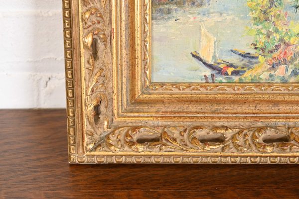 Original Signed Lakeside Mountain Landscape Oil Painting in Carved Giltwood Frame, 1960 - Image 8