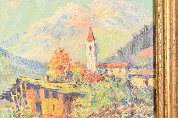 Original Signed Lakeside Mountain Landscape Oil Painting in Carved Giltwood Frame, 1960 - Image 5