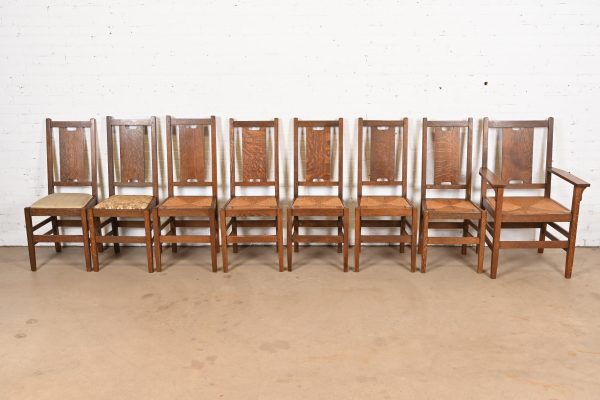 Gustav Stickley Antique Mission Oak Arts & Crafts H-Back Dining Chairs With Rush Seats, Set of Eight - Image 2