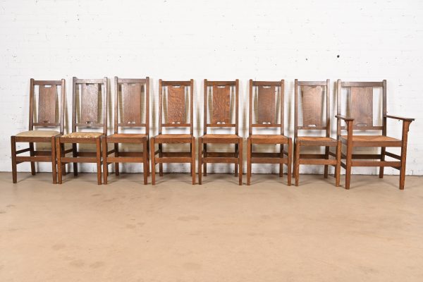 Gustav Stickley Antique Mission Oak Arts & Crafts H-Back Dining Chairs With Rush Seats, Set of Eight - Image 3