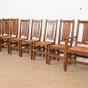 Gustav Stickley Antique Mission Oak Arts & Crafts H-Back Dining Chairs With Rush Seats, Set of Eight