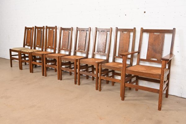 Gustav Stickley Antique Mission Oak Arts & Crafts H-Back Dining Chairs With Rush Seats, Set of Eight