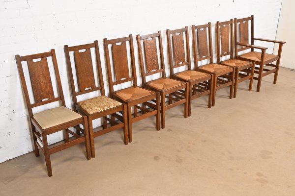 Gustav Stickley Antique Mission Oak Arts & Crafts H-Back Dining Chairs With Rush Seats, Set of Eight - Image 4