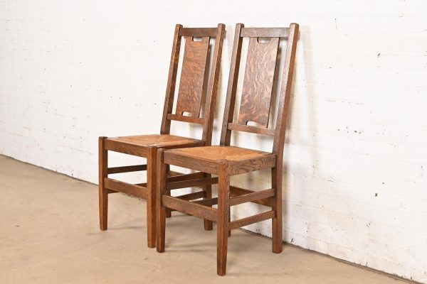 Gustav Stickley Antique Mission Oak Arts & Crafts H-Back Dining Chairs With Rush Seats, Set of Eight - Image 5