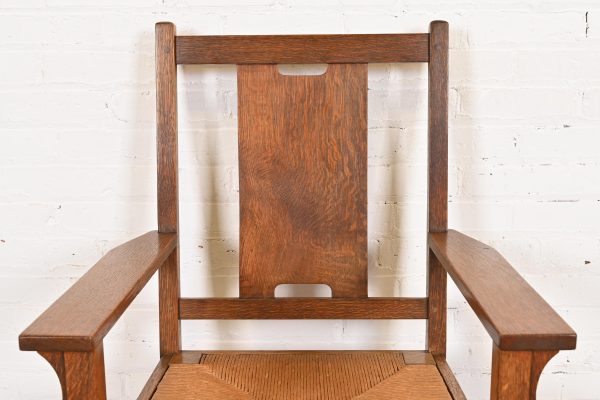 Gustav Stickley Antique Mission Oak Arts & Crafts H-Back Dining Chairs With Rush Seats, Set of Eight - Image 9