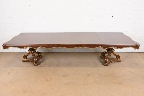Karges French Regency Louis XVI Burled Walnut Double Pedestal Extension Dining Table, Newly Refinished