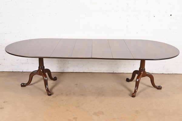 Henkel Harris Georgian Solid Mahogany Double Pedestal Extension Dining Table, Newly Refinished