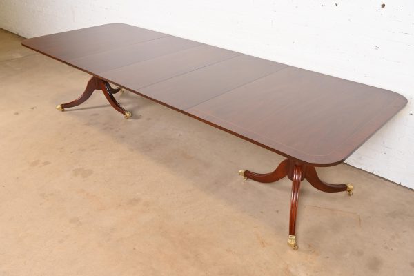 Baker Furniture Georgian Banded Mahogany Double Pedestal Extension Dining Table, Newly Refinished