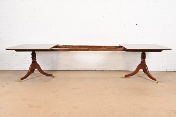 Baker Furniture Georgian Banded Mahogany Double Pedestal Extension Dining Table, Newly Refinished - Image 6
