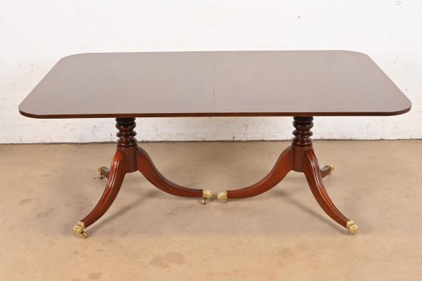 Baker Furniture Georgian Banded Mahogany Double Pedestal Extension Dining Table, Newly Refinished - Image 7