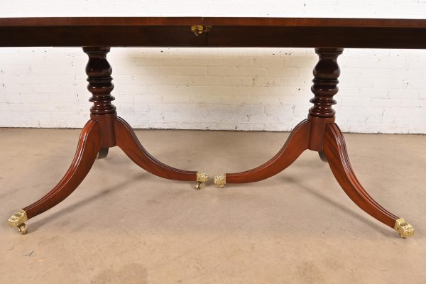 Baker Furniture Georgian Banded Mahogany Double Pedestal Extension Dining Table, Newly Refinished - Image 9