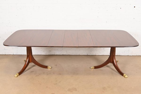 Baker Furniture Style Georgian Banded Mahogany Double Pedestal Extension Dining Table, Newly Refinished - Image 2
