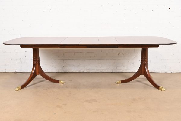 Baker Furniture Style Georgian Banded Mahogany Double Pedestal Extension Dining Table, Newly Refinished - Image 3