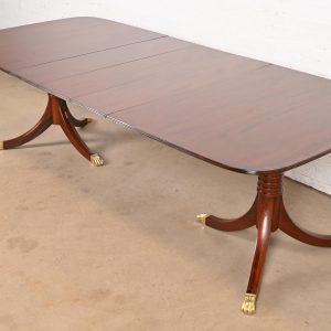 Baker Furniture Style Georgian Banded Mahogany Double Pedestal Extension Dining Table, Newly Refinished