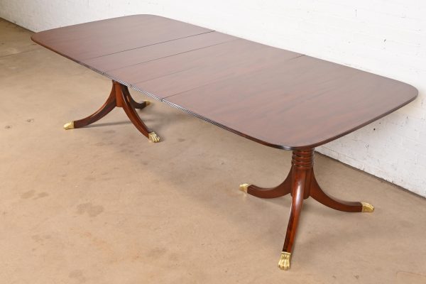 Baker Furniture Style Georgian Banded Mahogany Double Pedestal Extension Dining Table, Newly Refinished